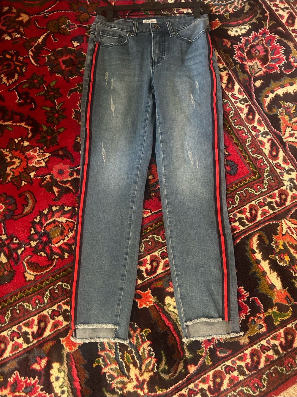 Tribal Skinny Jeans with Red and Black Side Stripes
